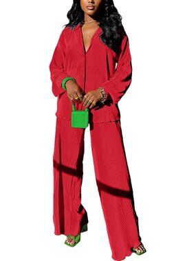 🆕Women's Red Casual 2 Piece Outfit Linen Long Sleeve Button Down Shirt